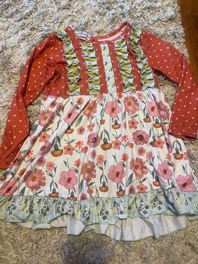 Girls Floral Ruffle Tiered Dress - Coral & Pink